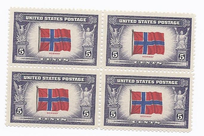 911 5c Overrun Countries - Norway Blk of 4 VF/MNH/OG