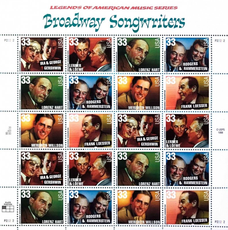 PCBstamps   US #3345/3350 Sheet $6.60(20x33c)Broadway Songwriters, (13)