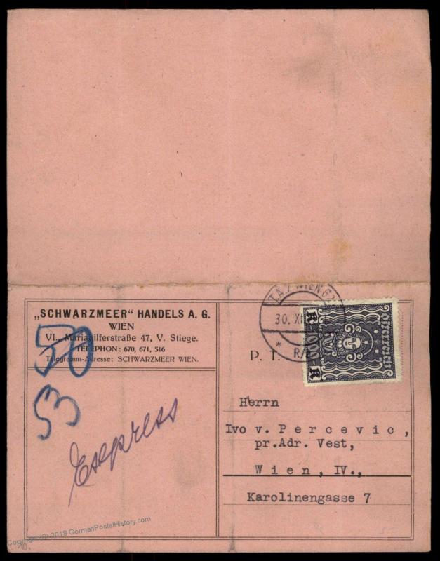 Austria 1922 Inflation 1000Kr Rohrpost Pneumatic Mail Mi404AI Cover 90197