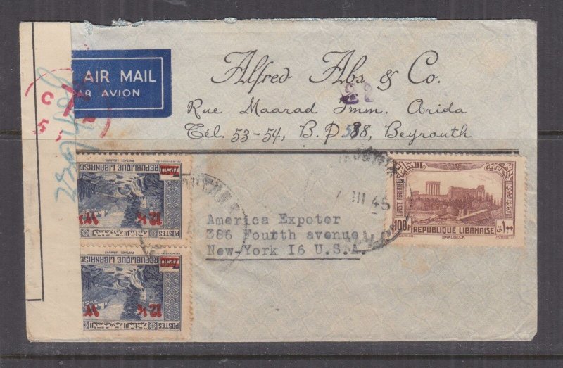 LEBANON, 1945 Airmail Free French Censored cover, Beyrouth to USA.