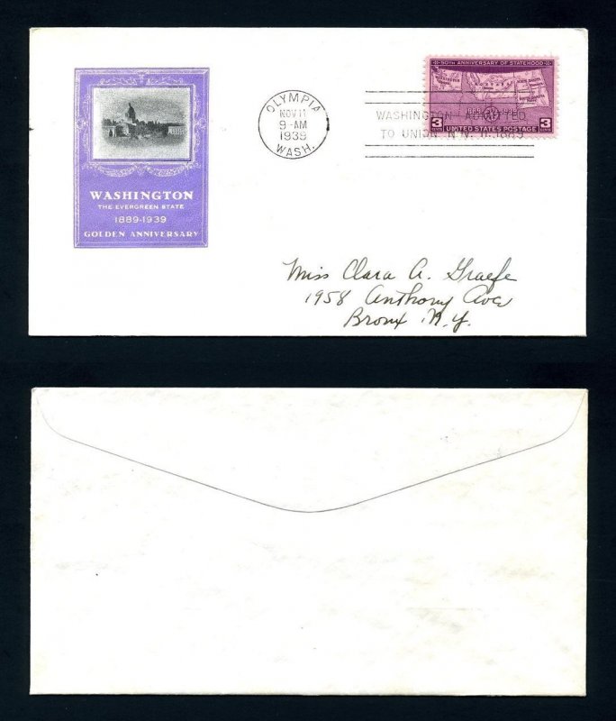 # 858 First Day Cover with Ioor cachet from Olympia, Washington - 11-11-1939