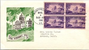 FDC 1941 SC #903 Craft Cachet - Montpelier VT - Block of 4 - F60328