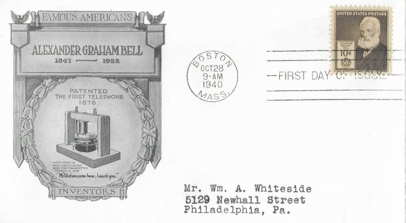 1940 FDC, #893, 10c Alexander Graham Bell, Historic Art