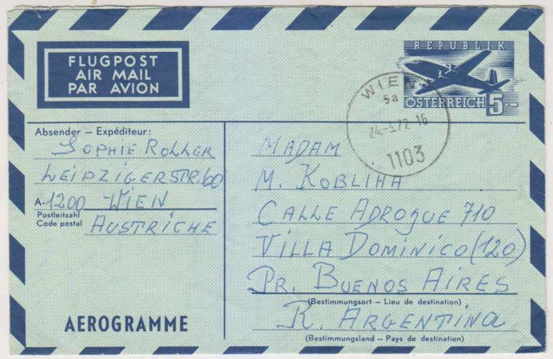 AUSTRIA 1972 PS AEROGRAMME Michel LF13I VIENNA TO BUENOS AIRES VF