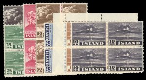 Iceland #246-252 Cat$341, 1948 Hekla Volcano, complete set in blocks of four,...