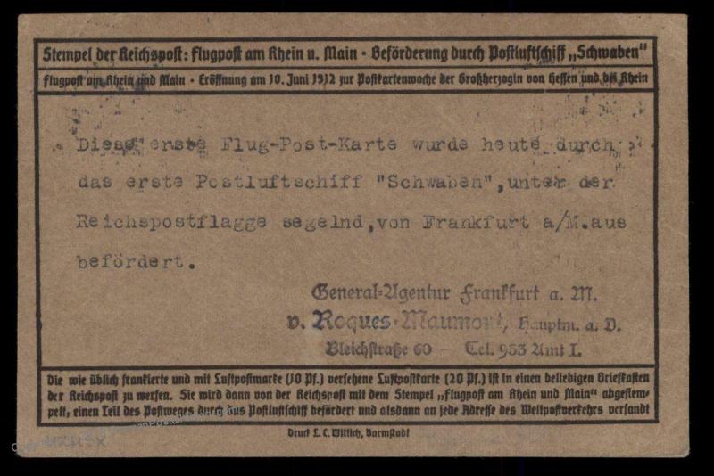 Germany 1912 Zeppelin Schwaben Si11.2.21 Vg Frankfurt Airmail Cover Flugpo 89361