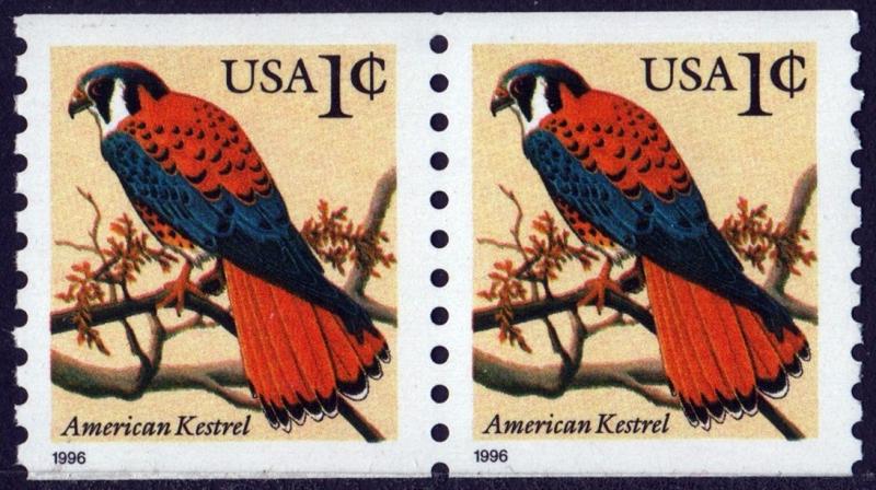 SC#3044 1¢ American Kestrel Coil Pair Large Date (1996) MNH