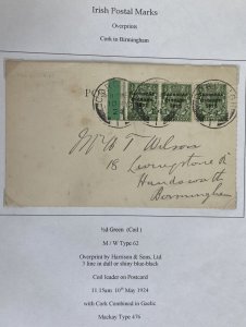 1924 Cork Ireland provisional Stamp Postcard Cover to Birmingham England