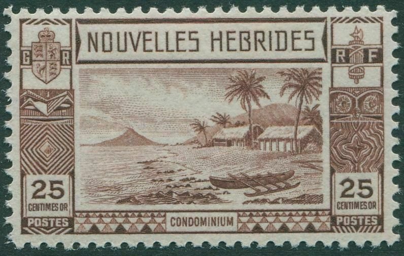 New Hebrides French 1938 SGF57 25c reddish-brown Islands Canoes MNH