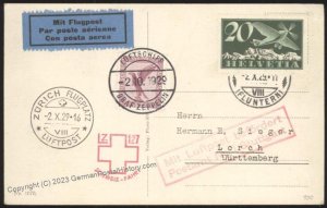 Germany 1929 Zeppelin Mi39 Bordpost Zurich Switzerland Drop Cover 293 Flo 111985