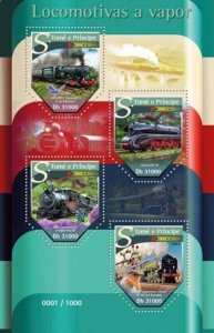 St Thomas 2015 Steam Trains on Stamps 4 Stamp Sheet Scott #3005 ST15516a