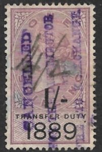 GREAT BRITAIN 1889 QV 1sh on1sh TRANSFER DUTY Revenue Bft.11 VFU