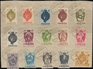 LIECHTENSTEIN 1920 PERFORATED PICTORIAL SET Sc 32-46 VFU PIECE w TRIESEN cds