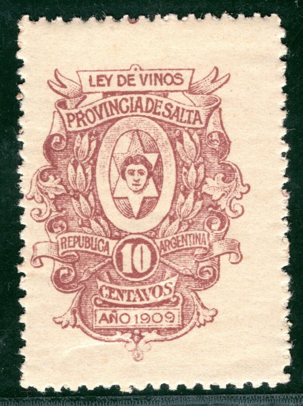 ARGENTINA *SALTA* Local Revenue Stamp 10c *LEY DE VINOS* Wine 1909 MM B2WHITE14