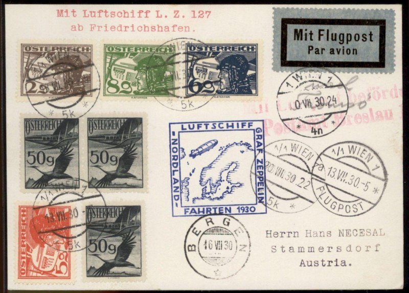 Austria 1930 Graf Zeppelin Si73 Nordland Bergen Norway Drop 117 Flown Cove 99554