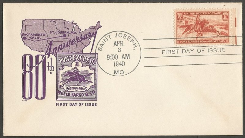 US FDC.1940 PONY EXPRESS 80TH ANNIV. 3C,THREE CENTS STAMP.SAINT JOSEPH,MO