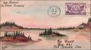 Scott 775 3 Cents Michigan 30 Jul 1936 R.V. Rider ACE 6 Hand Painted Cover