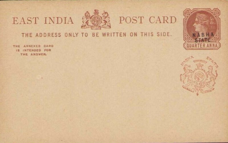 EAST INDIA Mint Post Card  Black & Red Nabha State Overprint ¼ Anna MNH