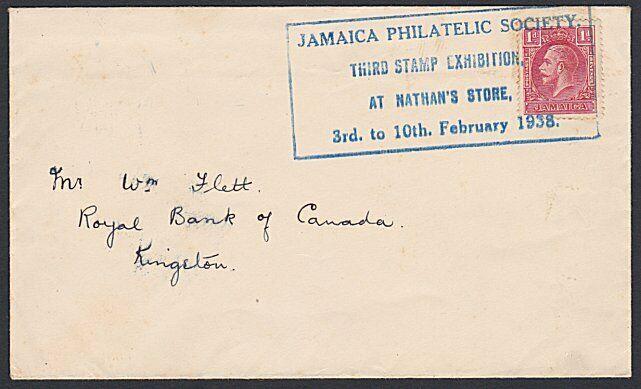 JAMAICA 1938 cover large STAMP EXHIBITION commem cancel in blue............55024