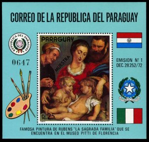 Paraguay #C354S, 1973 Holy Family by Rubens, souvenir sheet, overprinted Mue...