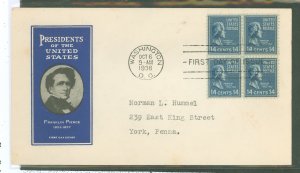 US 819 1935 14c Franklin Pierce (part of the Presidential -Prexy-Series) block of four on an addressed (typed) FDC with an Loor