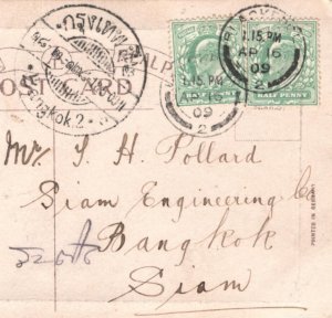 GB SIAM DESTINATION Mail 1909 Postcard Blackpool THAILAND Bangkok CDS MA438
