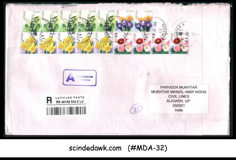 LATVIA - 2015 REGISTERED ENVELOPE TO INDIA WITH 16 FLOWER STAMP