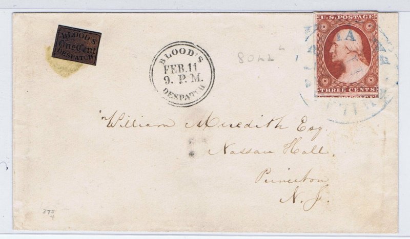 US 15l13 Blood's Despatch US 11A on cover blue Philadelphia cancel 1851 ...