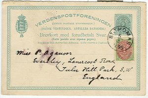 DWI #Bkd3b, 2¢ MESSAGE card used St. Thomas to Englamd 1895