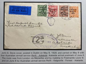 1929 Dublin Ireland First Flight Airmail Service Cover To Adelaide Australia PD