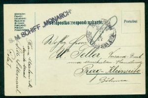 1917, Hungary Naval card, ship ‘MONARCH’ straight line and circular date cxls