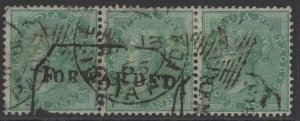 INDIA SG64 1865 4a GREEN USED STRIP OF 3