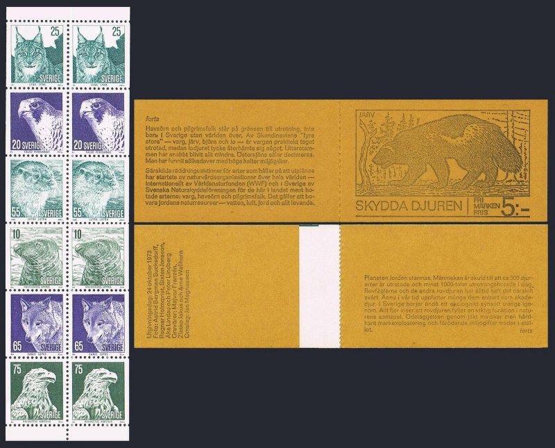 Sweden 1015-1020a booklet,MNH. Protected Animals 1973.Grey Seal,Peregrine Falcon