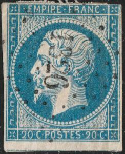 FRANCE - Yv.14 20c bleu - obl. PC1326 (Fournes-en-Weppes ind.9)  B (3 marges)   