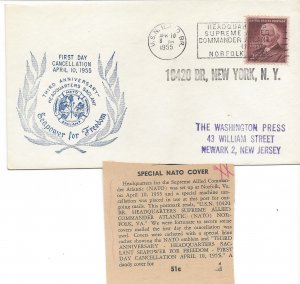 USA 1955 Scott 1062 Special NATO Cover Read attached article