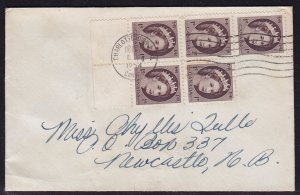 Canada - 1954 - Scott #337 - used block of 5 on cover - CHARLOTTETOWN PEI pmk