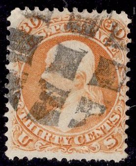 US Stamp #71 30c Franklin USED SCV $210. Wonderful block grid cancel