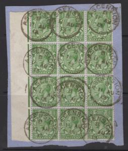 ASCENSION SGZ39 1912 GB ½d GREEN BLOCK OF 12 USED ON PIECE ASCENSION B/11 AU/13