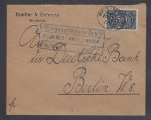 Germany Sc 198 used on 1923 BAHNPOST covers, 2 different, additional markings