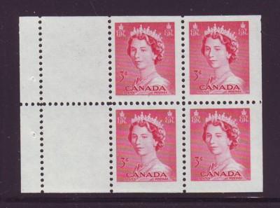 Canada Sc 327b 1953 3c QE II stamp booklet pane of 4 mint NH