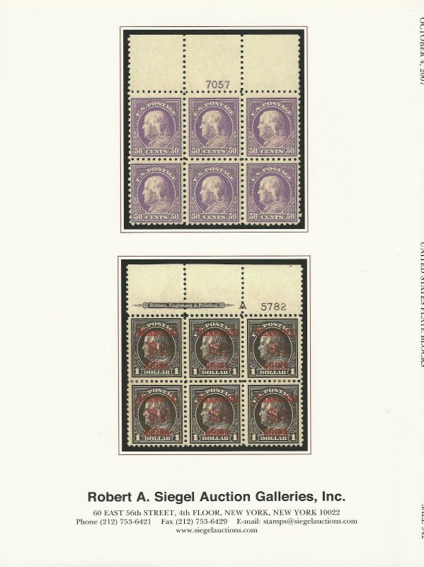 U.S. Washington-Franklin Plate Blocks, R.A. Siegel, N.Y., Sale 942, Oct. 4, 2007