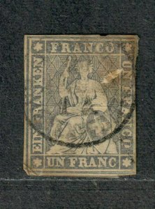 Switzerland Sc#31 Used, 2 Thin Spots-Corner Crease, Yellow Thread, Cv. $1000