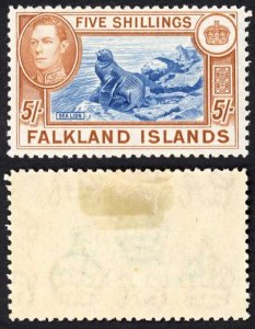 Falkland Is SG161 5/- Blue and Chestnut M/M (hinge remainders) Cat 150 pounds