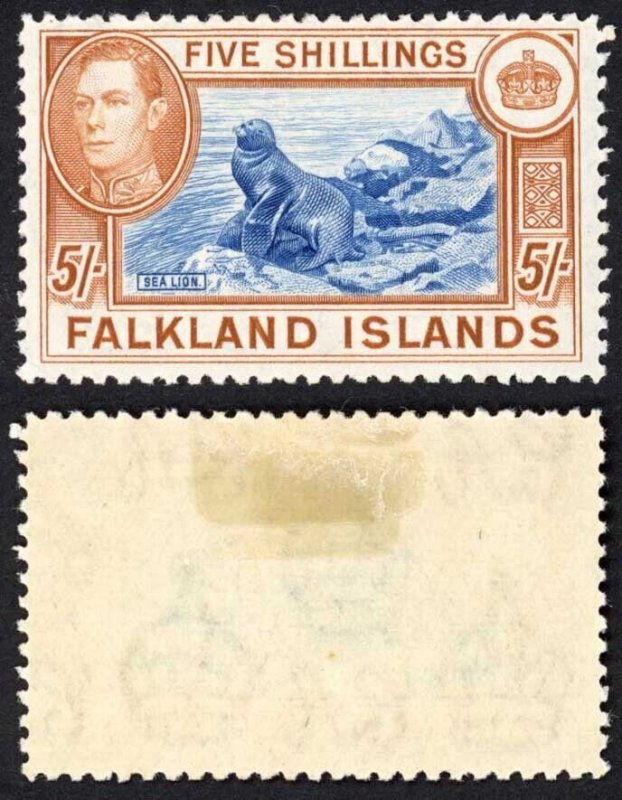 Falkland Is SG161 5/- Blue and Chestnut M/M (hinge remainders) Cat 150 pounds