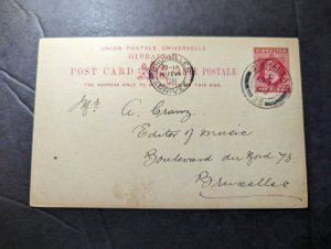 1908 British Gibraltar Postcard Cover to Brussels Belgium