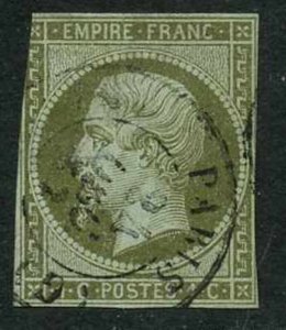FRANCE Sc#12 1853-1860 1c ol grn on pale blue Used