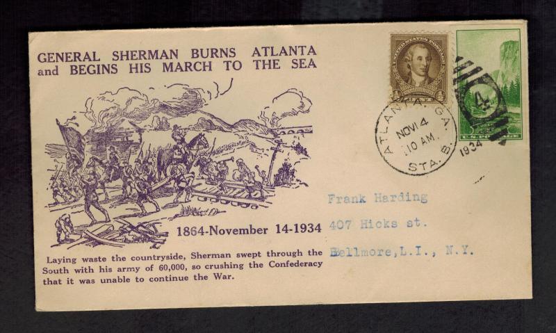 1934 GA USA General Sherman Burns Atlanta marches to Sea Anniversary Cover