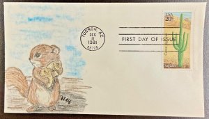 1945 JLBY Hand drawn/ painted cachet Desert Plants-Saguaro cactus FDC 1981