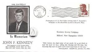 US Commemorative stamp #1287 and envelope. Mailed from JFK's  Birthplace, Mass.