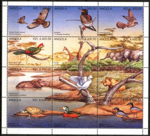 Angola 1996 Birds Hippopotamus Lions Turtles Mi. 1058/69 Sheet MNH